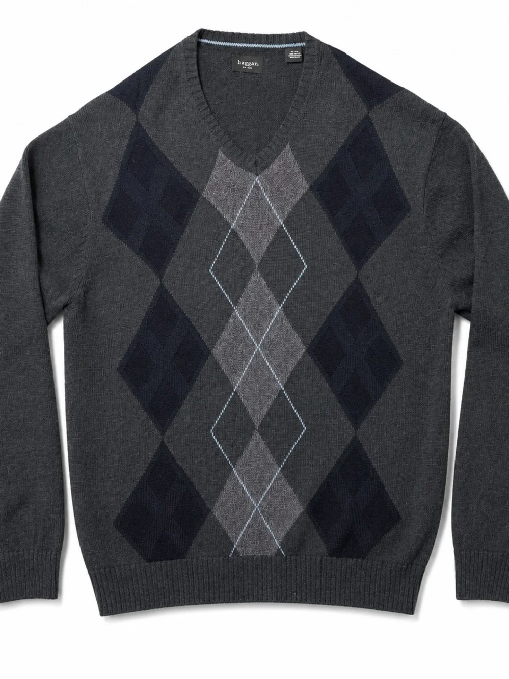 Haggar Men's Dark Gray and Black Argyle V-Neck Sweater